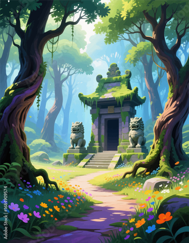 Enchanted Forest Shrine: Serene Pathway and Guardians