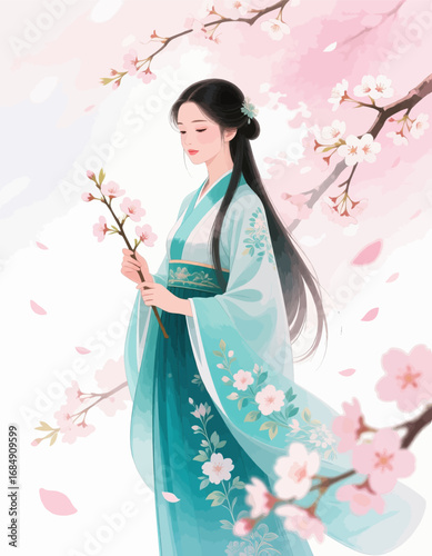 Elegant Woman in Traditional Robe Admiring Cherry Blossoms in Spring