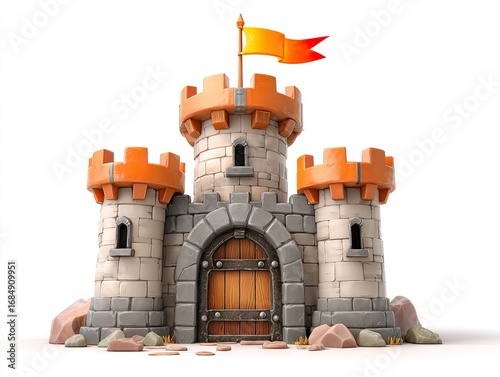 Cartoon castle, orange towers, stone facade