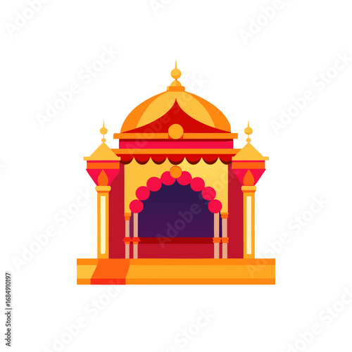 a mandap resembling a royal pavilion  adorned with