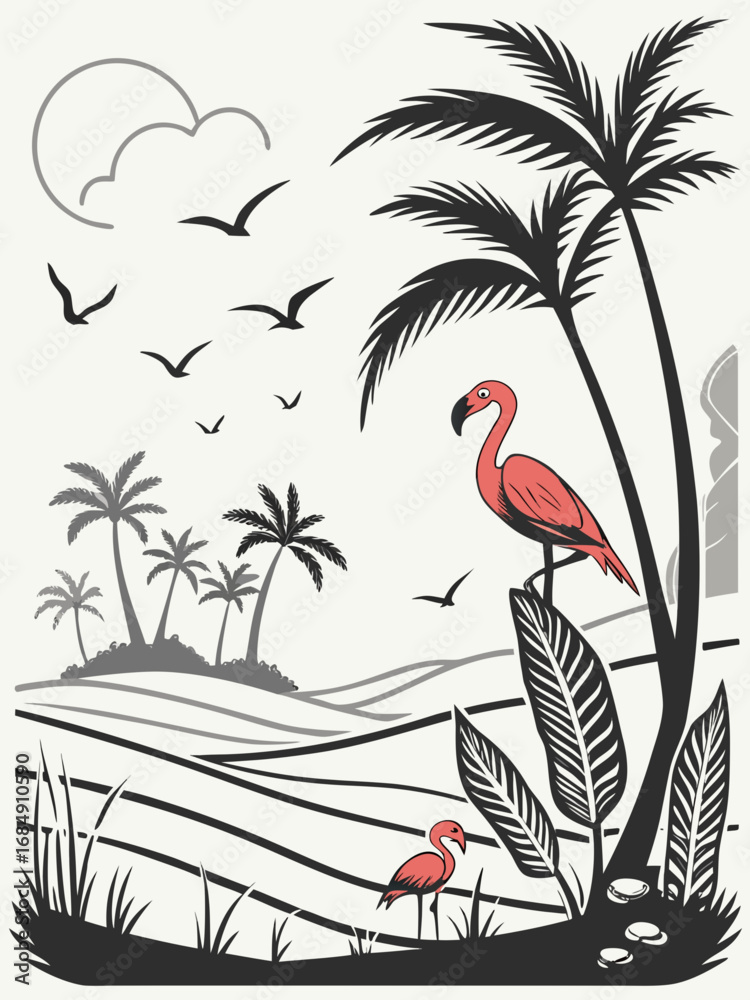 Naklejka premium Minimilist illustration of flamingos palm trees birds and foliage in a tropical landscape scene in black and white vector