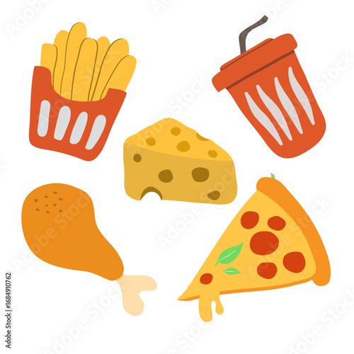 Flat cartoon illustration of fast food items french fries, fried chicken, cheese block, pizza slice, and a soda drink. Perfect for food menu design, snack ads, kids content, or delivery themes.