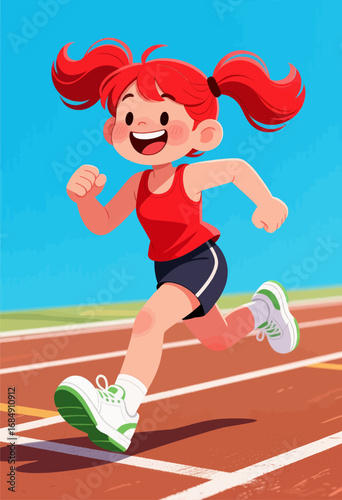 Happy Runner on Track Field, Red Hair, Joyful, Blue Sky