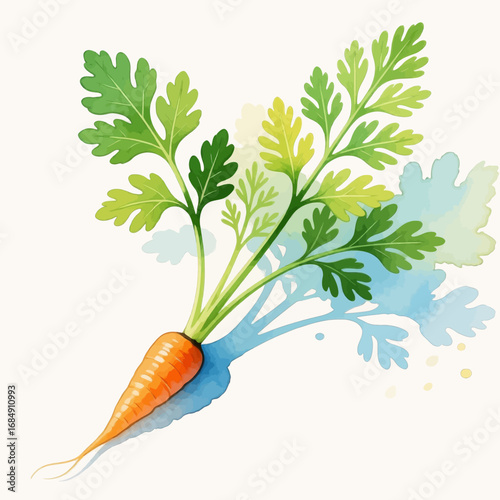 Illustrated Carrot with Green Leaves on White Background