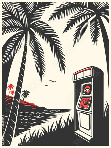Minimilist palm trees and ocean view with atm machine in black and red graphic illustration style art vector