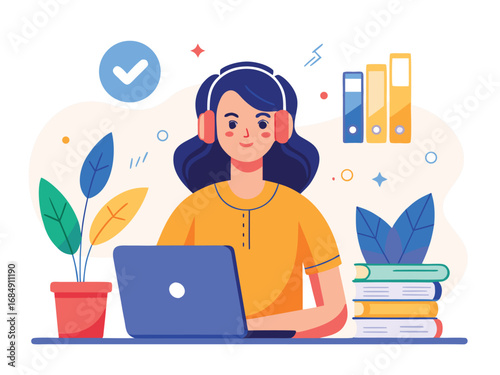 Young woman learning online with headphones and laptop surrounded by books and plants