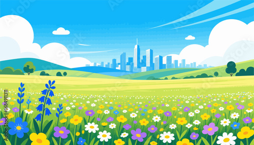 Lush Meadows Meet City Skyline at Noon
