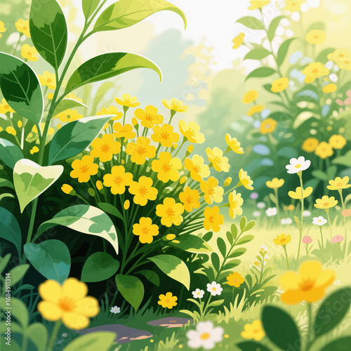 Lush Meadow of Yellow Wildflowers in Sunlit Spring