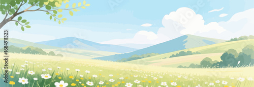 Lush Meadowscape with Wildflowers under Clear Blue Sky