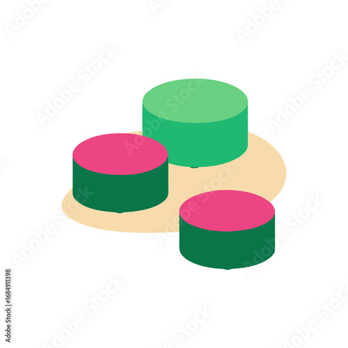 small  round green and pink ottomans complementing