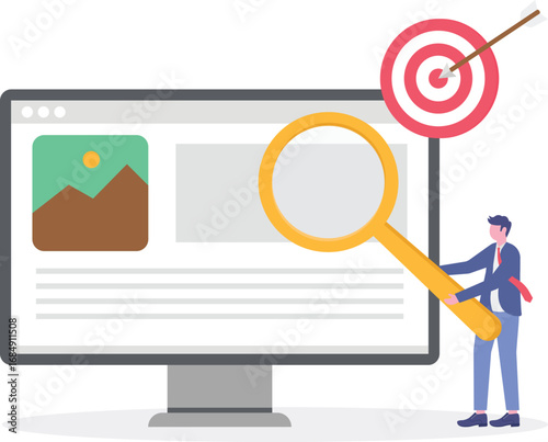 Keyword research, copy optimization, content plan concept with tiny people.

