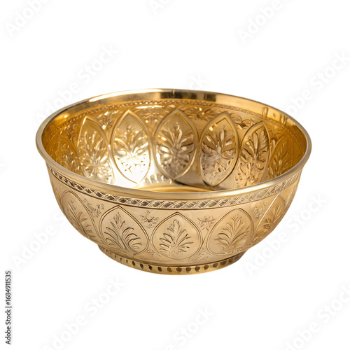 Golden decorative engraved bowl with floral design on a transparent background