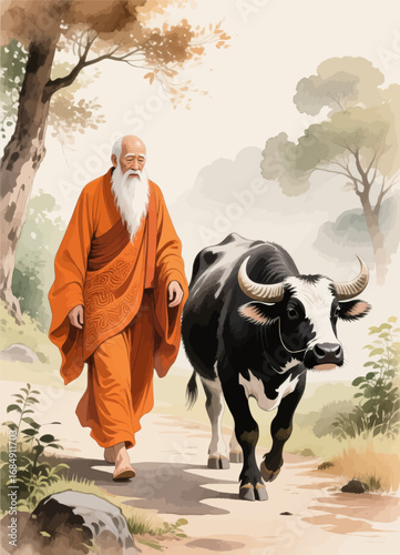 Monk and Ox Journey Through Serene Autumn Forest