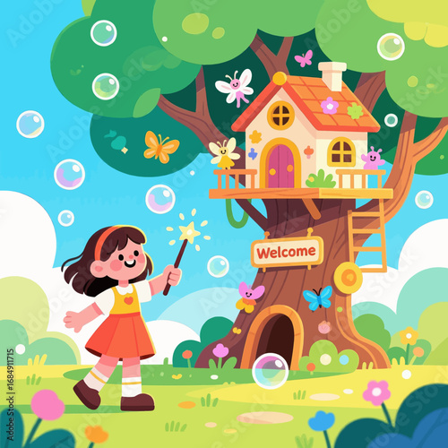 Magical Forest Treehouse with Girl and Butterflies