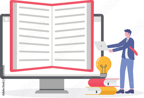 E-books library concept with people characters. Technology and literature, digital culture on media library. Outline design style minimal vector illustration for landing page, web banner, hero images.
