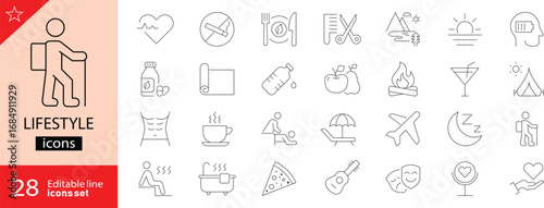 Lifestyle icons set. Includes icons for daily routine, fitness, hobbies, wellness, fashion, food, travel, self-care, relaxation, and productivity. Ideal for apps and infographics. 