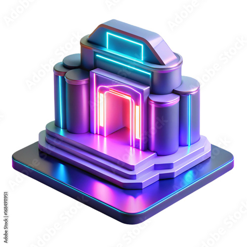 Isometric futuristic building with neon lights isolated on transparent background, 3d rendering