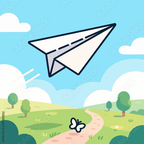 Paper Plane Soaring Over Green Meadows on Sunny Day