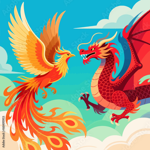 Mythical Showdown: Phoenix and Dragon in Sky Battle