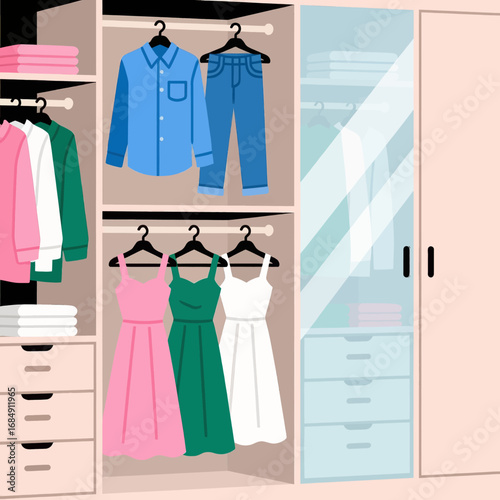 Organized Wardrobe with Pastel Dresses and Blue Outfits