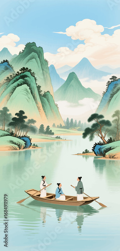 Peaceful Boat Ride in Mountainous Landscape with Friends