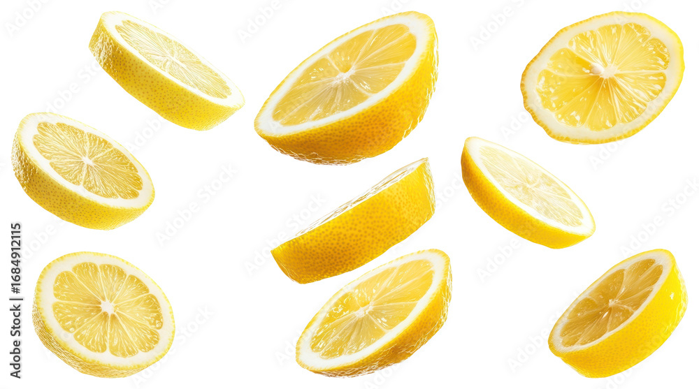 Fototapeta premium PNG Fresh vibrant lemon slices floating, element set on transparent background