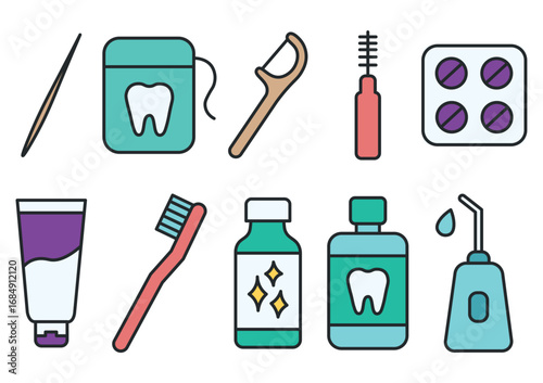 Set of dental hygiene icons in linear style. Toothbrush, toothpaste, floss, mouthwash, interdental brush, irrigator, dental tablets and tools for braces care.