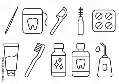 Linear dental hygiene icons set. Toothbrush, toothpaste, floss, mouthwash, water flosser, interdental brush, toothpick and plaque tablets. Minimal line style vector