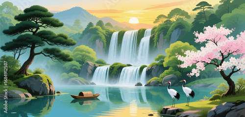 Peaceful Waterfall Sunset with Cranes and Cherry Blossoms