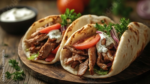 Greek gyros warped in a pita bread on a wooden background