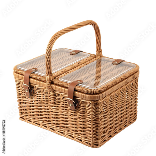 Wicker Picnic Basket with Lid on White Background  Perfect for Outdoor Dining and Summer Gatherings