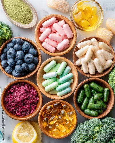 Colorful health supplements and fruits on marble