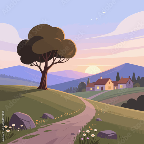 Serene Countryside Path at Dusk with Tree and Houses