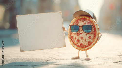 Cheerful pizza character, wearing sunglasses and a cap, is holding a blank sign, ready for your advertising message