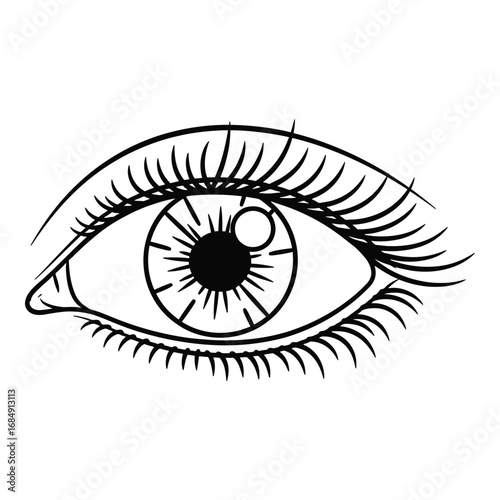 Black and white illustration of an open eye with detailed iris pupil eyelashes