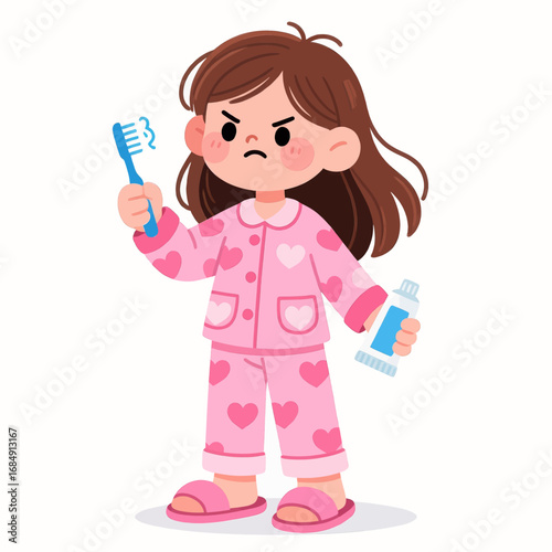 Unhappy Girl in Pajamas Holding Toothbrush and Toothpaste