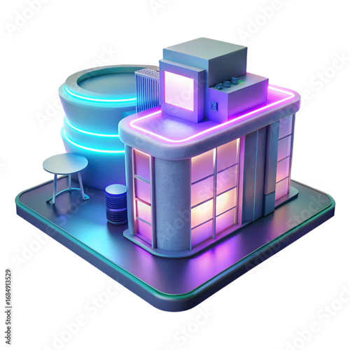 Isometric building with neon lights, a modern architectural design isolated on transparent background
