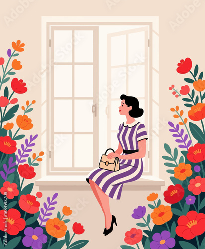 Woman in Striped Dress by Window Surrounded by Blooming Flowers