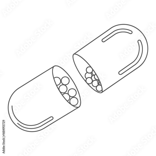 Open capsule with small spheres inside medicine pill