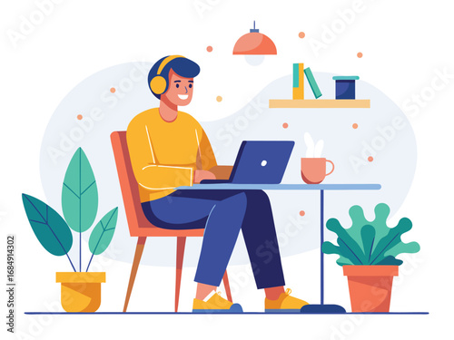 Digital nomad working remotely on laptop enjoying coffee and music in a cozy workspace