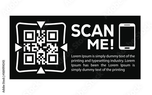 Promotional QR code graphic with “Scan Me!” text, smartphone icon, and placeholder content. Ideal for marketing, digital campaigns, and interactive print or web design templates.