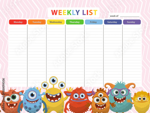 Vector illustration of a colorful weekly planner featuring adorable cartoon monsters at the bottom. Each day has its own vibrant color, bordered by cheerful monster characters.