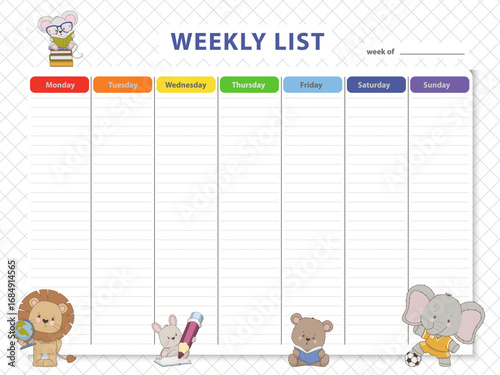 Cute weekly planner with adorable animal characters including a lion, mouse, rabbit, bear, and elephant. Bright and colorful days of the week and ample writing space. Vector illustration.
