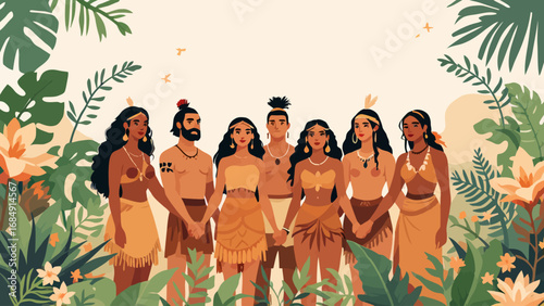 Flat illustration of indigenous people holding hands in traditional clothing, symbolizing unity, heritage, and respect for ancestral roots. Ideal for cultural and educational content