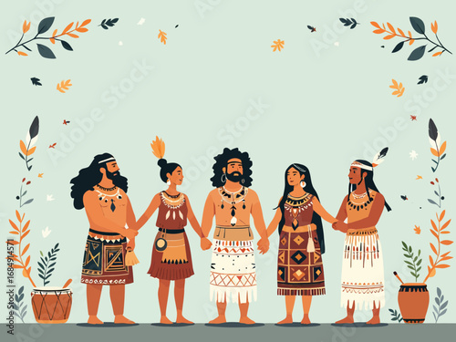 Flat illustration of indigenous people holding hands in traditional clothing, symbolizing unity, heritage, and respect for ancestral roots. Ideal for cultural and educational content