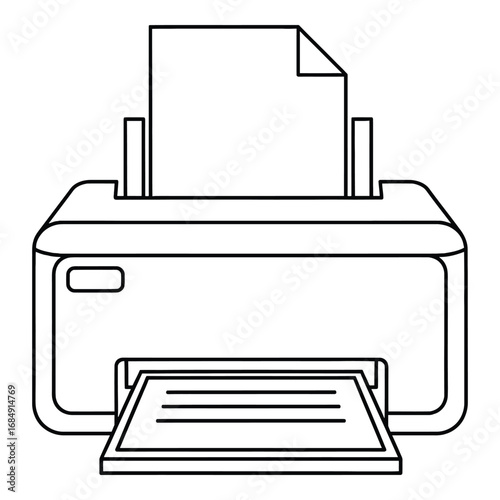 Black outline icon of a printer with paper output and input technology