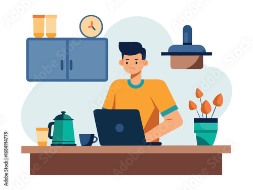 Freelancer working from home on laptop amidst cozy kitchen setting