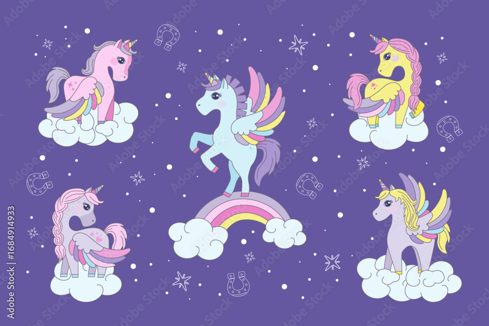 Obraz premium Whimsical vector illustration of vibrant unicorns with rainbow wings flying on fluffy clouds against a purple sky filled with stars and horseshoes. Perfect for fantasy and children s themes