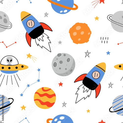 Seamless pattern with cute planets, stars, ufo, earth, constellations, rockets, space, saturn on white background. Creative kids texture for fabric, prints, wallpaper, decorations, textiles.