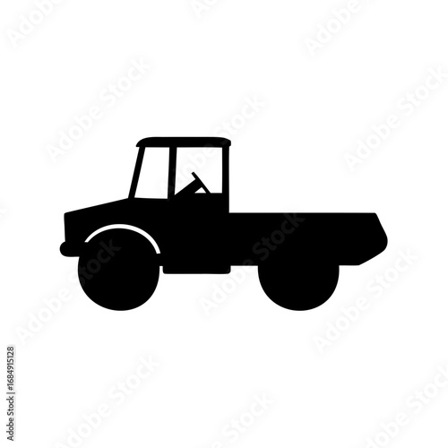 Simplified silhouette of a two axle cabover truck with flatbed, in black